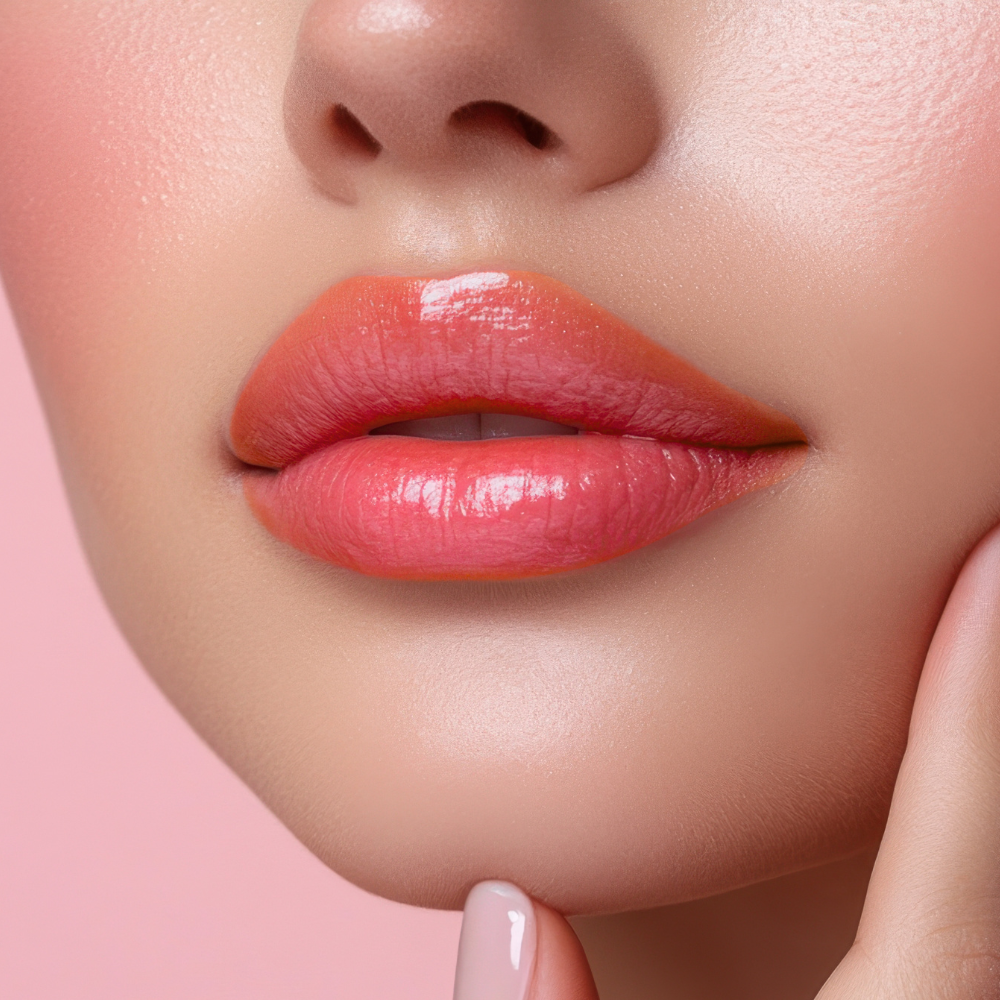 Close-up of a woman's lips with a glossy coral lipstick on a pink background