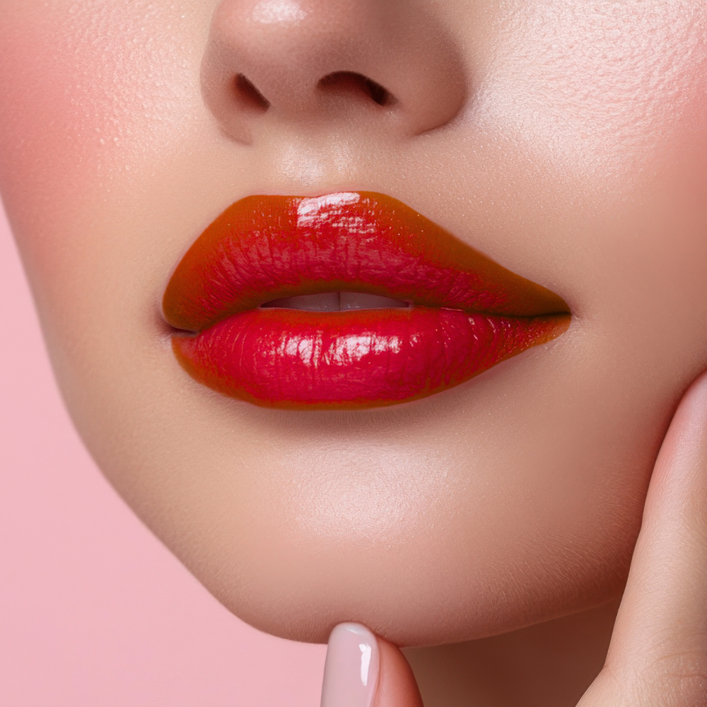 Close-up of a woman's lips with bright red lipstick on a pink background