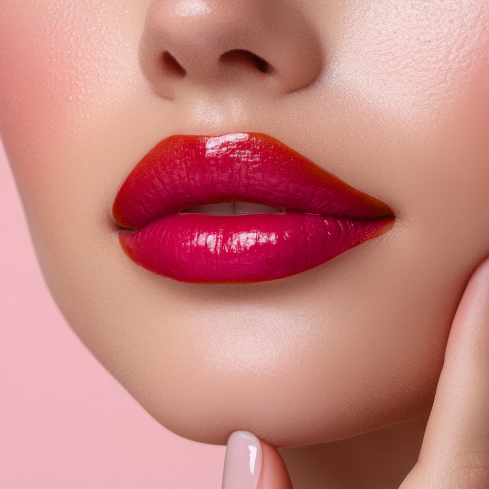 Close-up of a woman's lips with bright red lipstick on a pink background