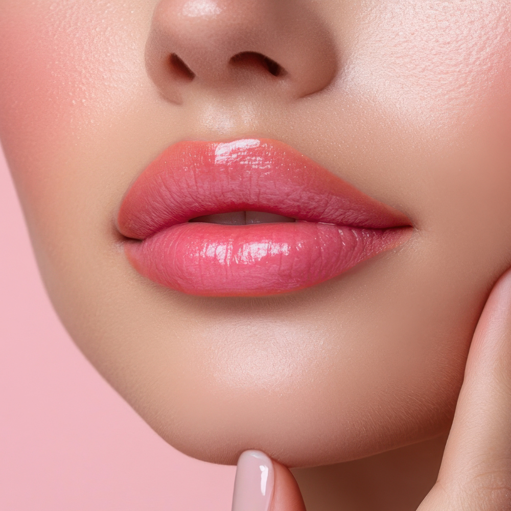 Close-up of a woman's lips with pink lipstick on a pink background