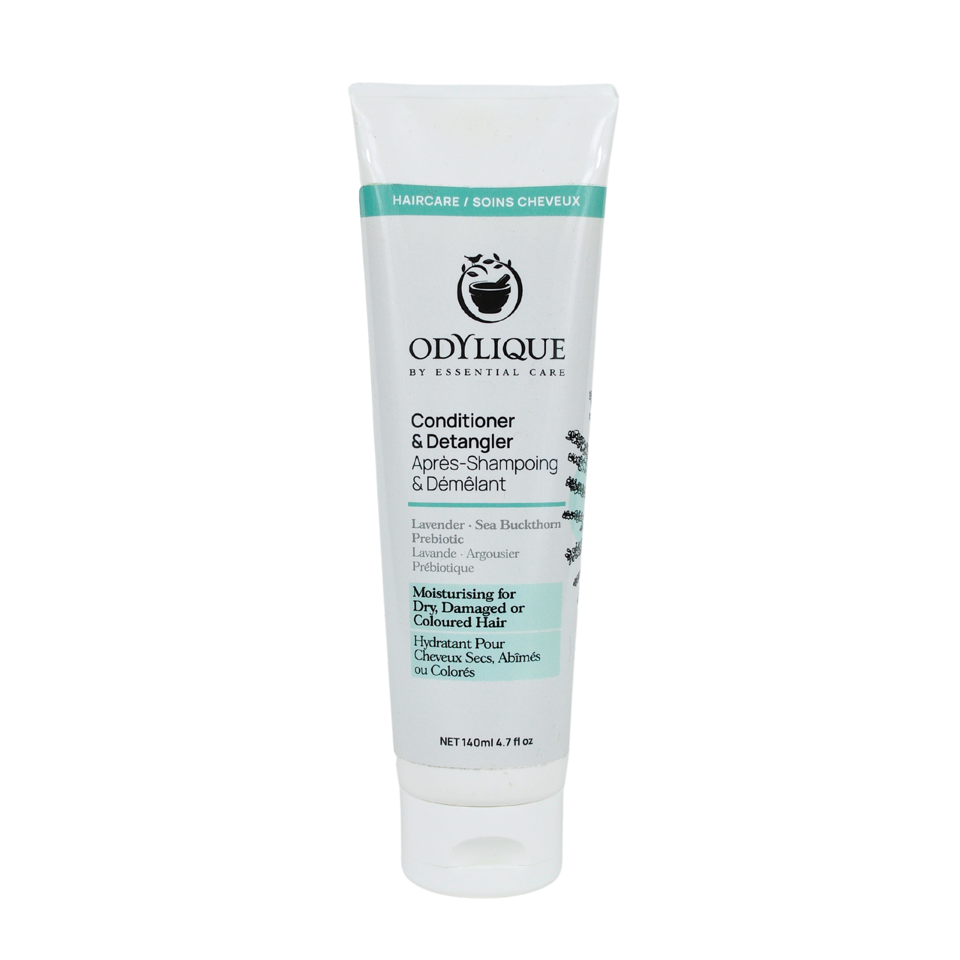 organic lightweight conditioner and detangler made with lavender and seabuckthorn to hydrate. Moisturising for dry, damaged or coloured hair. In a white tube with teal accents