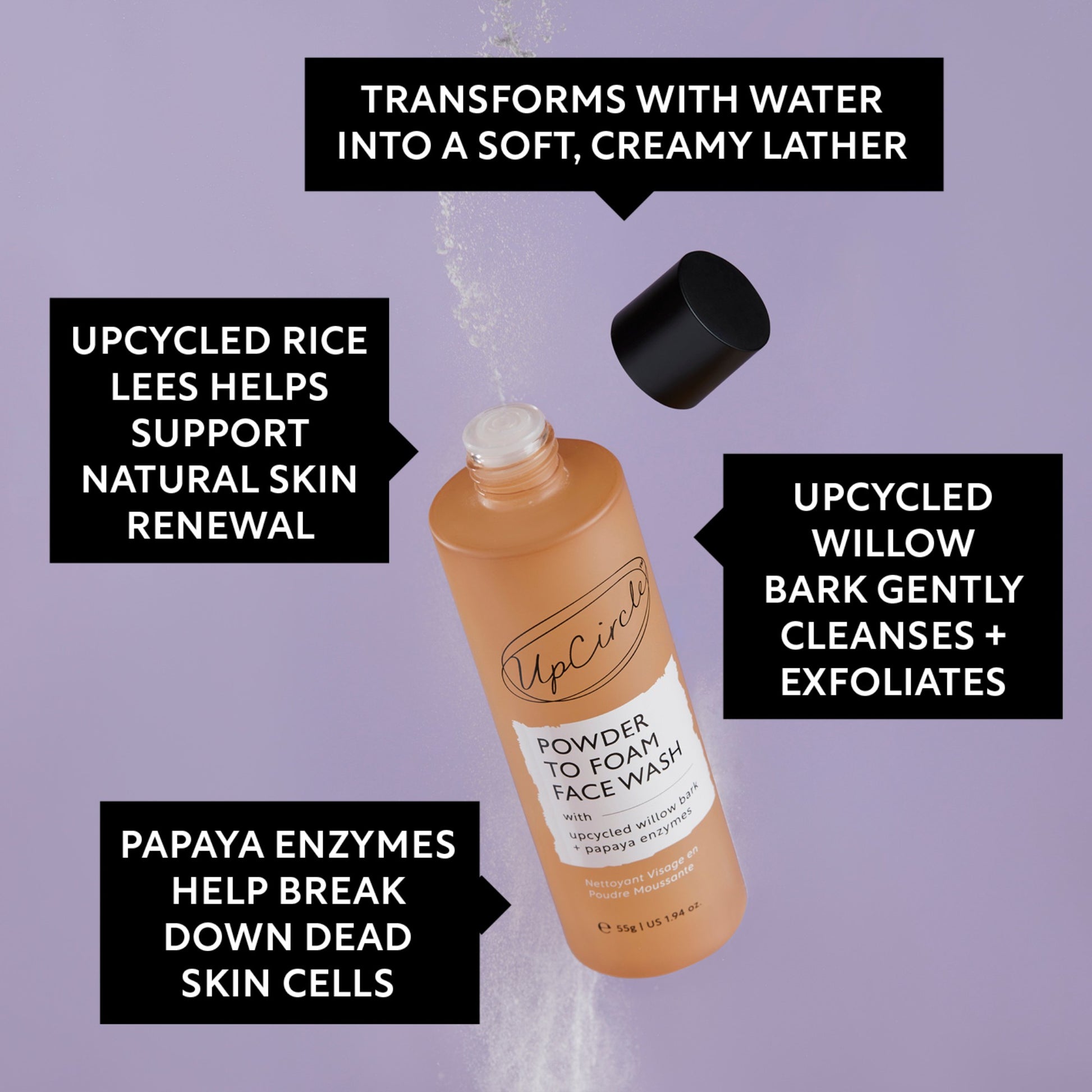 UpCircle powder to foam face wash bottle with text on a purple background with key benefits graphics