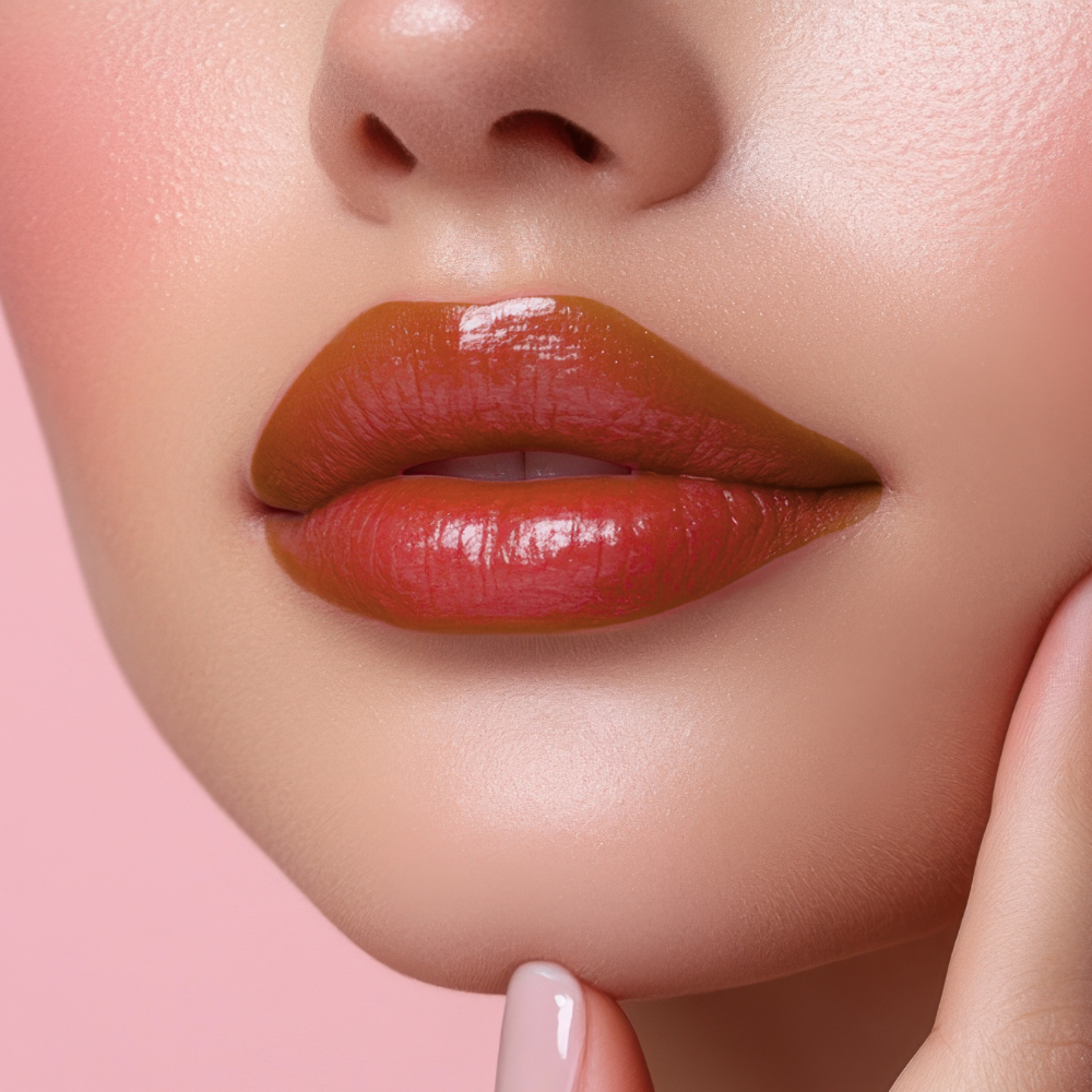Close-up of a woman's lips with a glossy brown lipstick on a pink background