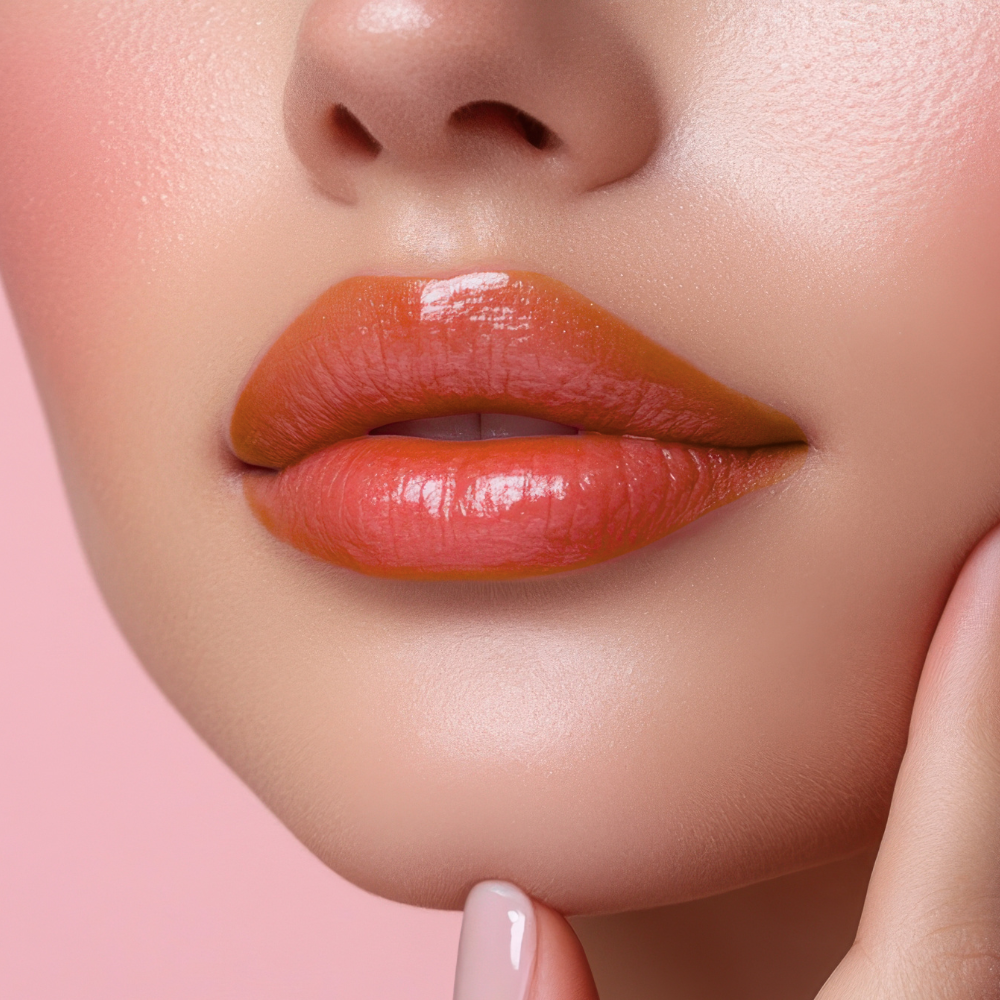 Close-up of a woman's lips with a glossy orange-red lipstick on a pink background