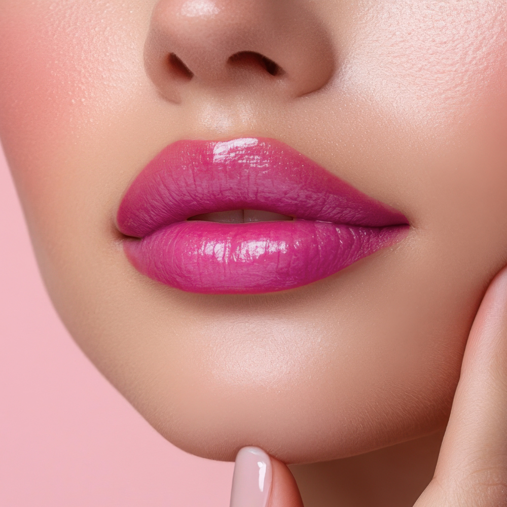 Close-up of a woman's lips with bright pink lipstick on a pink background