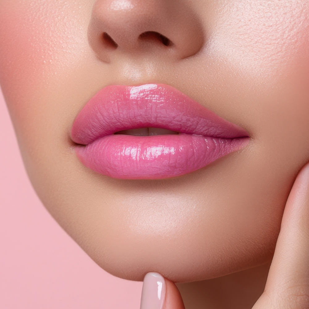 Close-up of a woman's lips with pink lipstick on a pink background