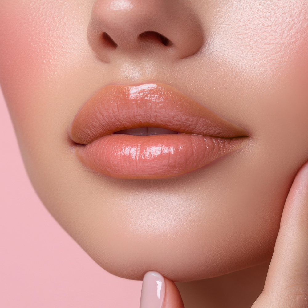 Close-up of a woman's lips with a soft pink background