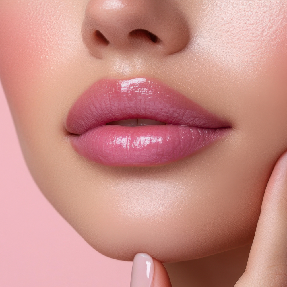 Close-up of a woman's lips with a soft pink lipstick on a pink background