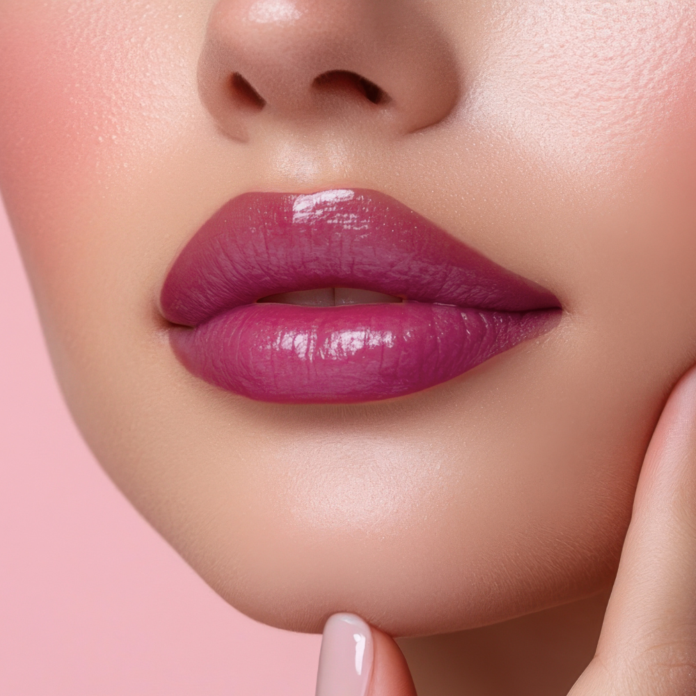Close-up of a woman's lips with a glossy purple lipstick on a pink background