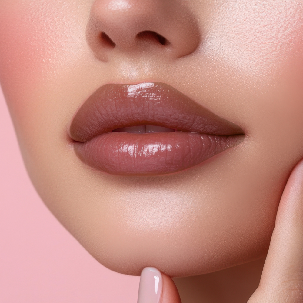 Close-up of a woman's lips wearing a nude brown lip gloss with a soft pink background