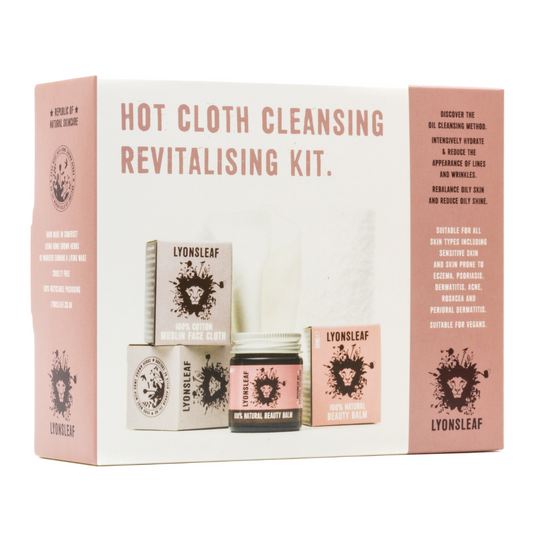 photo of lyonsleaf hot cloth cleansing kit on a white background. in the photo you can see the outer box of the kit which is white with a dusky rose pink accents. The box text reads ' hot cloth cleansing revitalising kit. discover the hot cleanser method. intensely hydrate and balance the appearance of lines and.wrinkles. rebalance. your skin. suitable for all skin types including sensitive skin or skin prone to eczema, psoraisis, dermatitis, rosacea and perioral dermatitis. suitable for vegans'