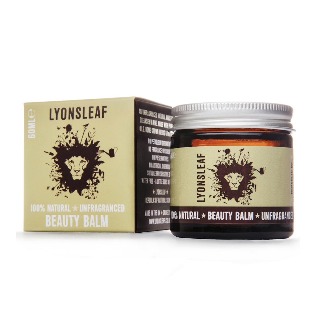 lyonsleaf unscented beauty balm on a white background. here you can see the grey/green coloured box and the balm next to it in a brown glass jar with aluminium lid