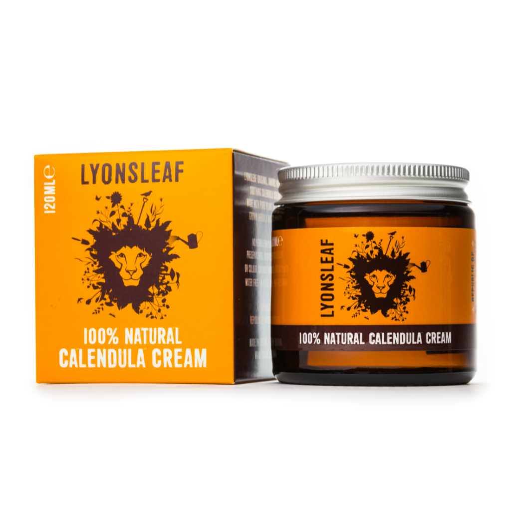 lyonsleaf calendula cream 120ml. 100% natural calendula cream comes in an orange box with lyonsleaf logo on it and to the right is the amber glass jar with orange label and aluminium lid