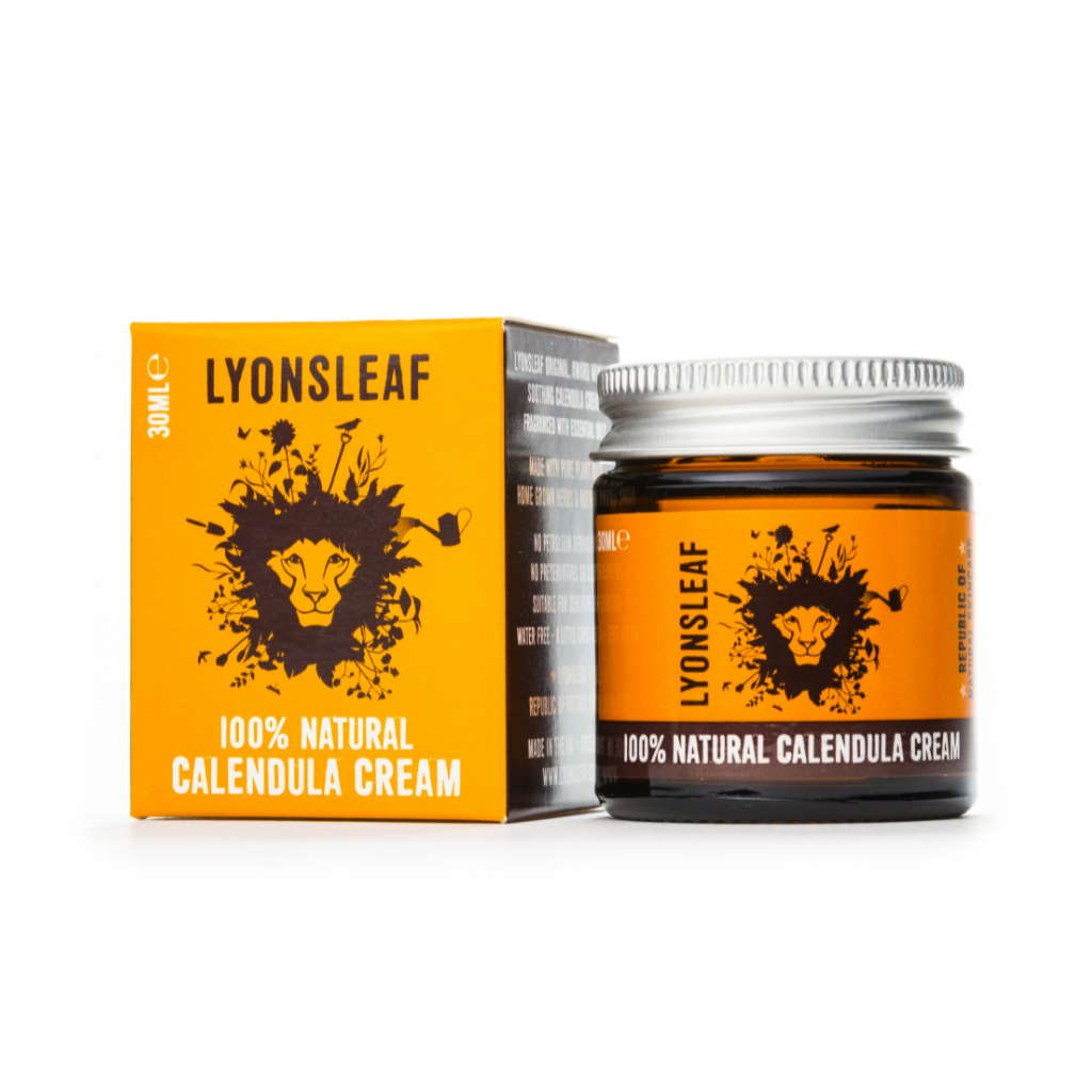 lyonsleaf calendula cream 30ml. 100% natural calendula cream comes in an orange box with lyonsleaf logo on it and to the right is the amber glass jar with orange label and aluminium lid