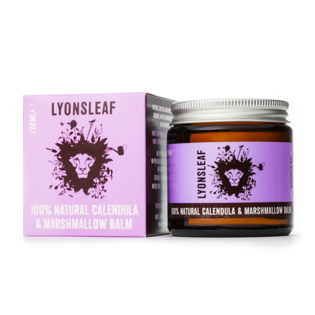 image of lyonsleaf marshmallow and calendula balm on a white background. 120ml jar size. On the left is a purple box and the right is a brown glass jar with aluminium lid. the glass jar has a purple label