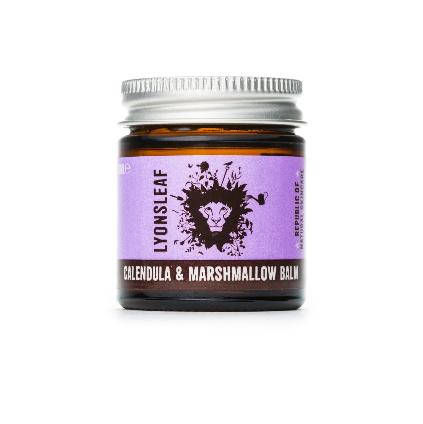 image of lyonsleaf marshmallow and calendula balm on a white background. 30ml is inside a brown glass jar with aluminium lid. the glass jar has a purple label
