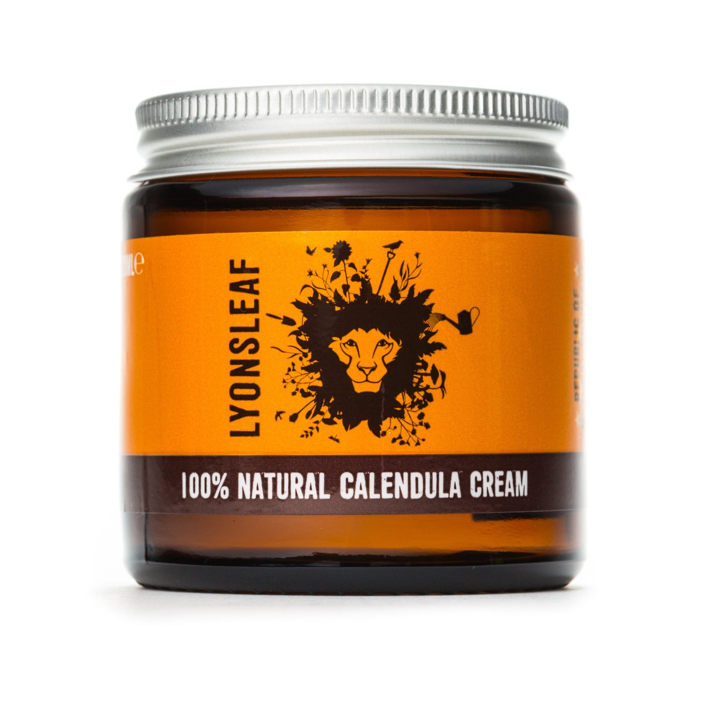 lyonsleaf calendula cream 120ml. 100% natural calendula cream comes in an amber glass jar with orange label and aluminium lid