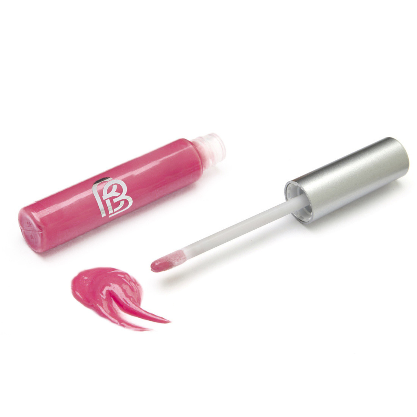 Soft Rose Pink lip gloss with applicator on a white background