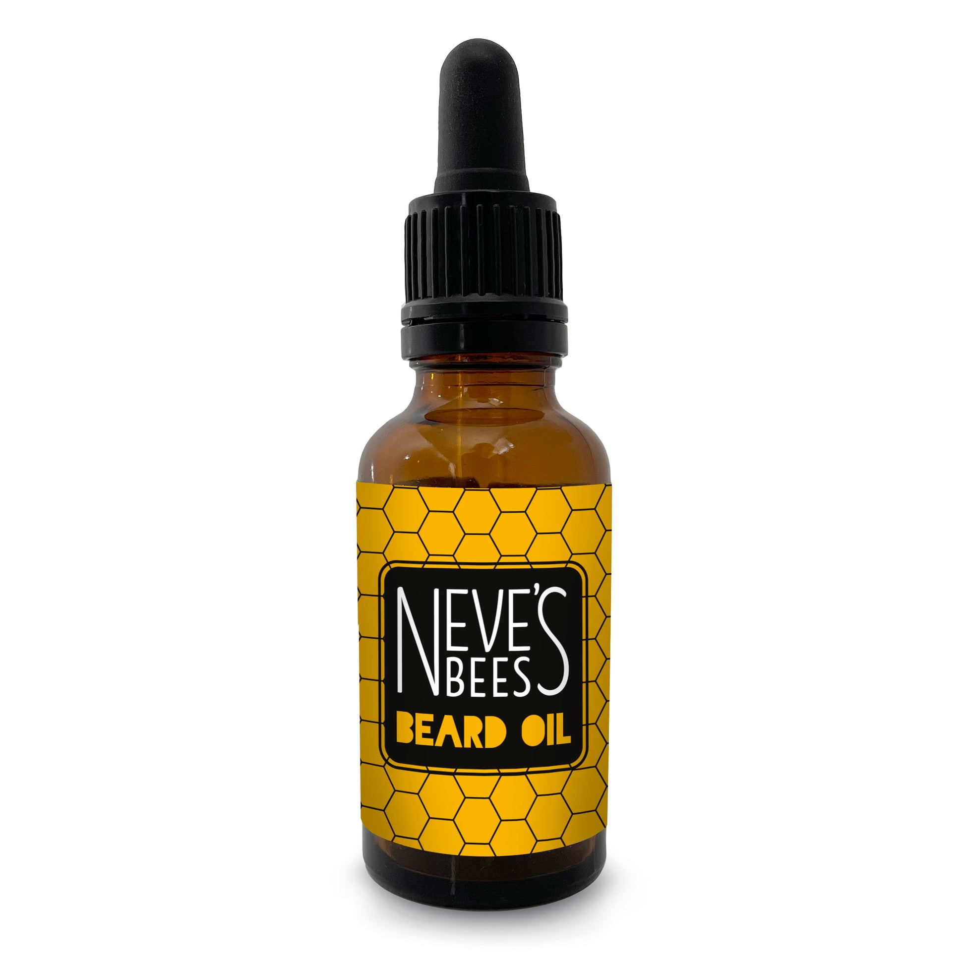 men's beard oil handmade by neve's bees in an amber pipette bottle with orange label