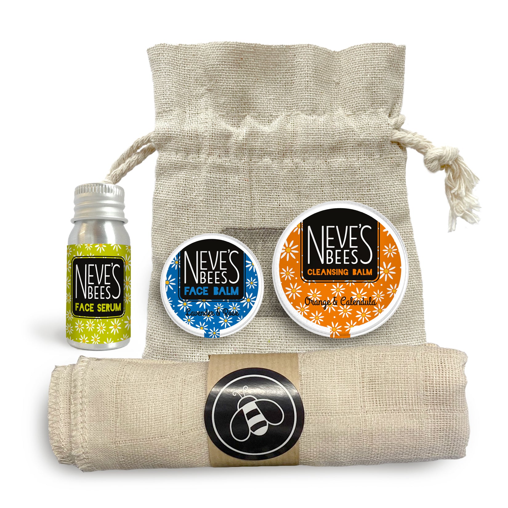 mini travel sized skincare in aluminium tins and a natural jute bag with cotton face cloth