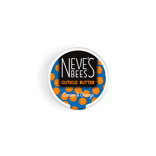 neves bees cuticle butter made with oxfordshire organic beeswax in an aluminium tin with a blue sticker and bright orange oranges on it with black orange and white text