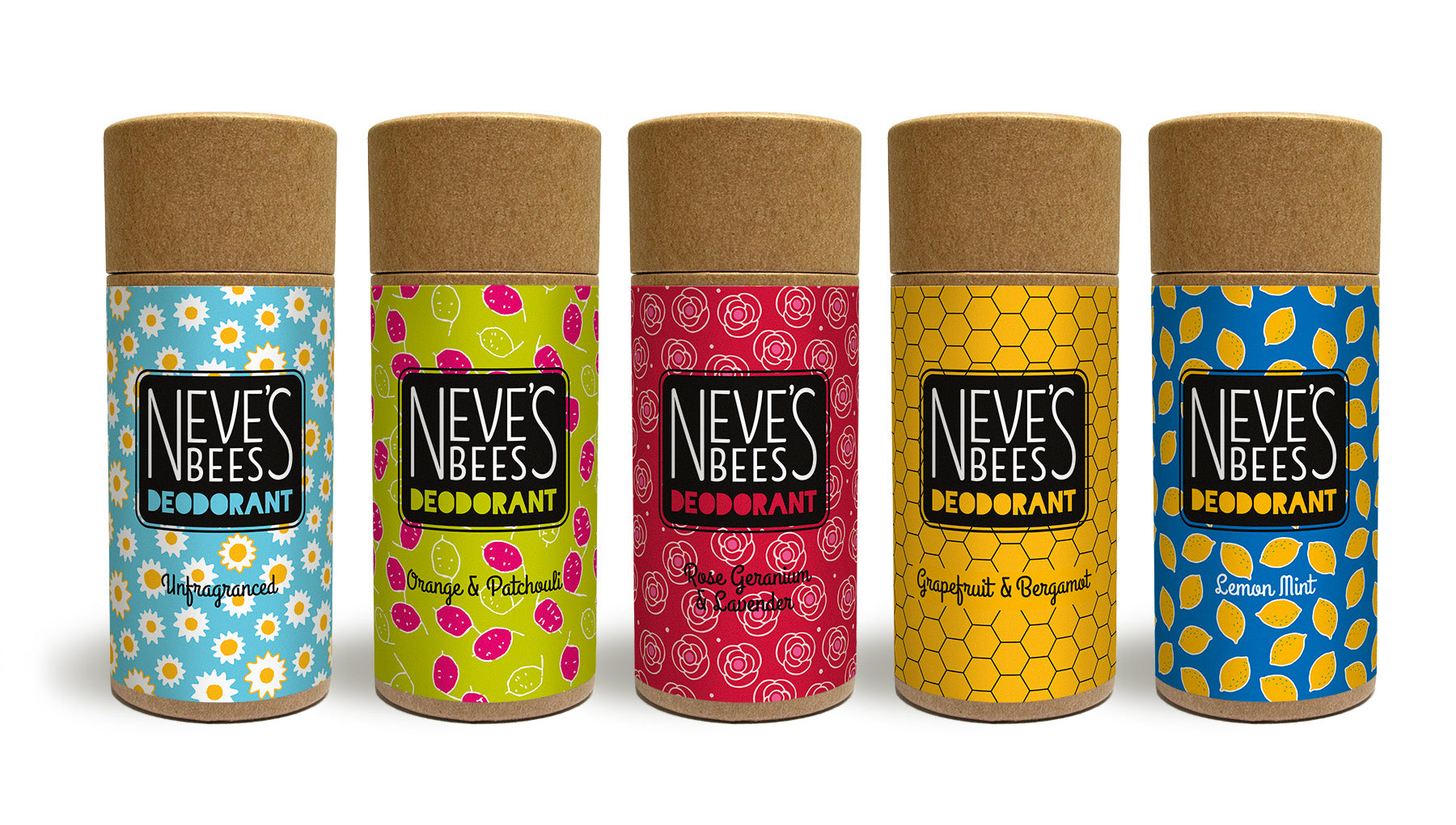 set of 5 natural deodorants in a line. the deodorants are in cardboard tubes with brightly coloured labels to signify the different natural scents from essential oils