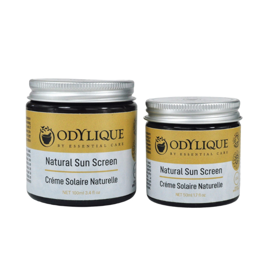 Odylique Natural Mineral Sun Screen SPF 30. Organic Sun Screen. The two jars (100ml and 50ml) are pictured in amber glass jars with aluminium lids. The jars have a yellow and white label and the text is in English and French and reads ‘Natural Sun Screen - Créme Solaria Naturelle’