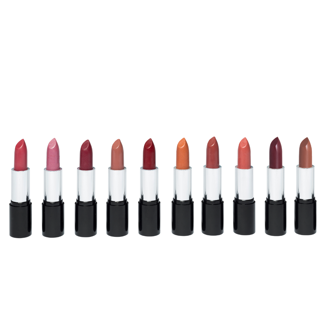 row of lipstick shades in black cases