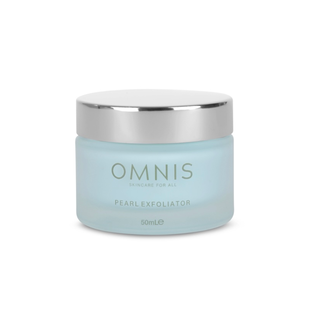 On a white background is a pale blue glass jar with a silver lid. Inside is the Omnis Pearl Exfoliator.