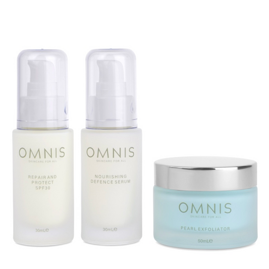 Omni Skincare set. displayed on white background is 2 clear glass bottles, with two white pumps and white product inside and one blue glass jar with a silver lid.