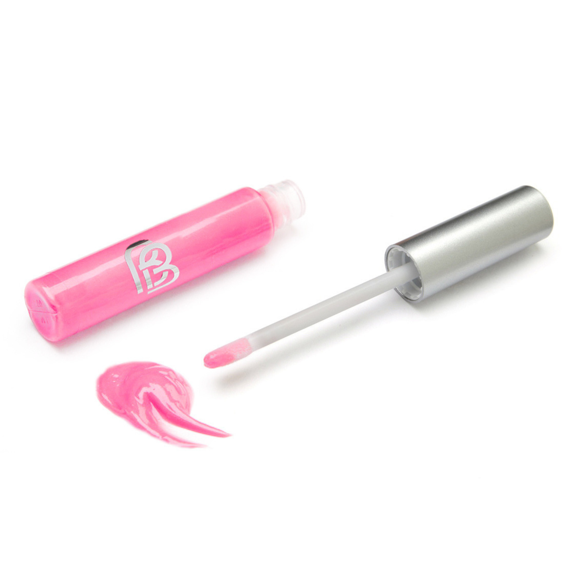 Candyfloss Pink lip gloss with applicator on a white background