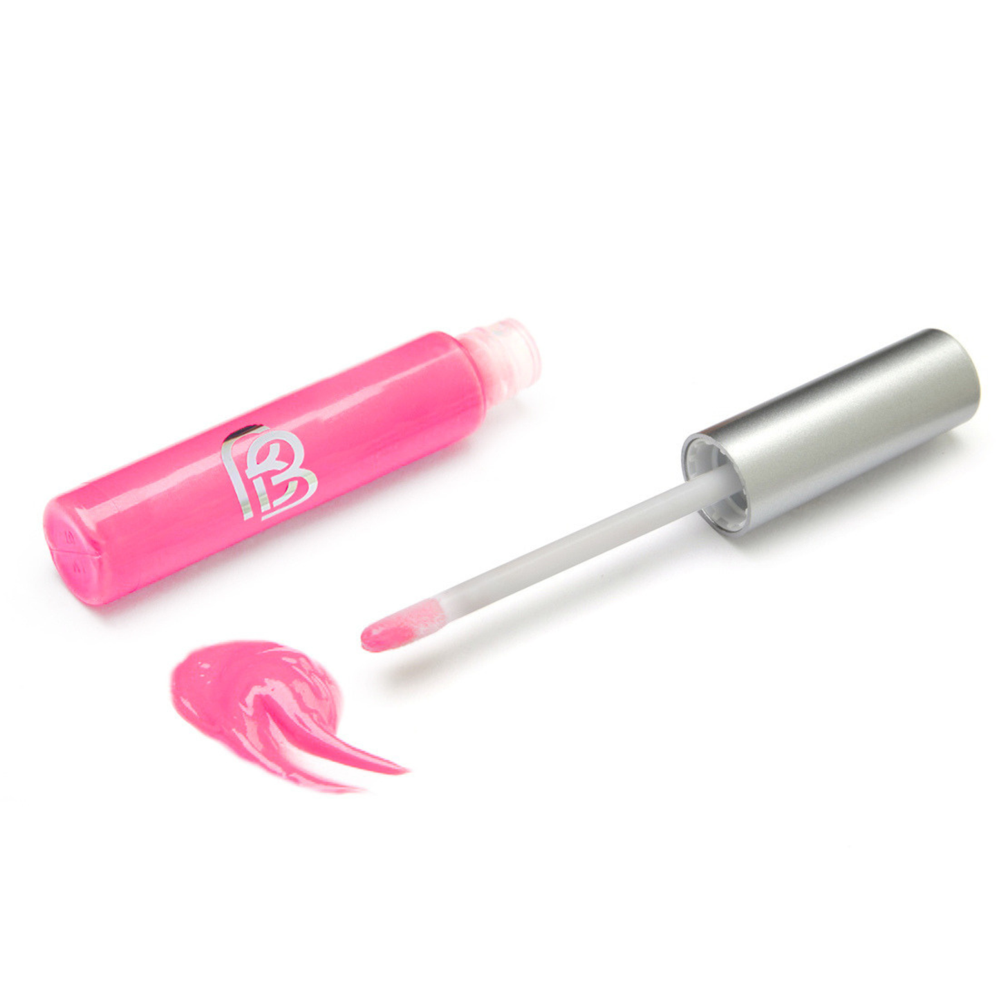 Pink lip gloss with applicator on a white background
