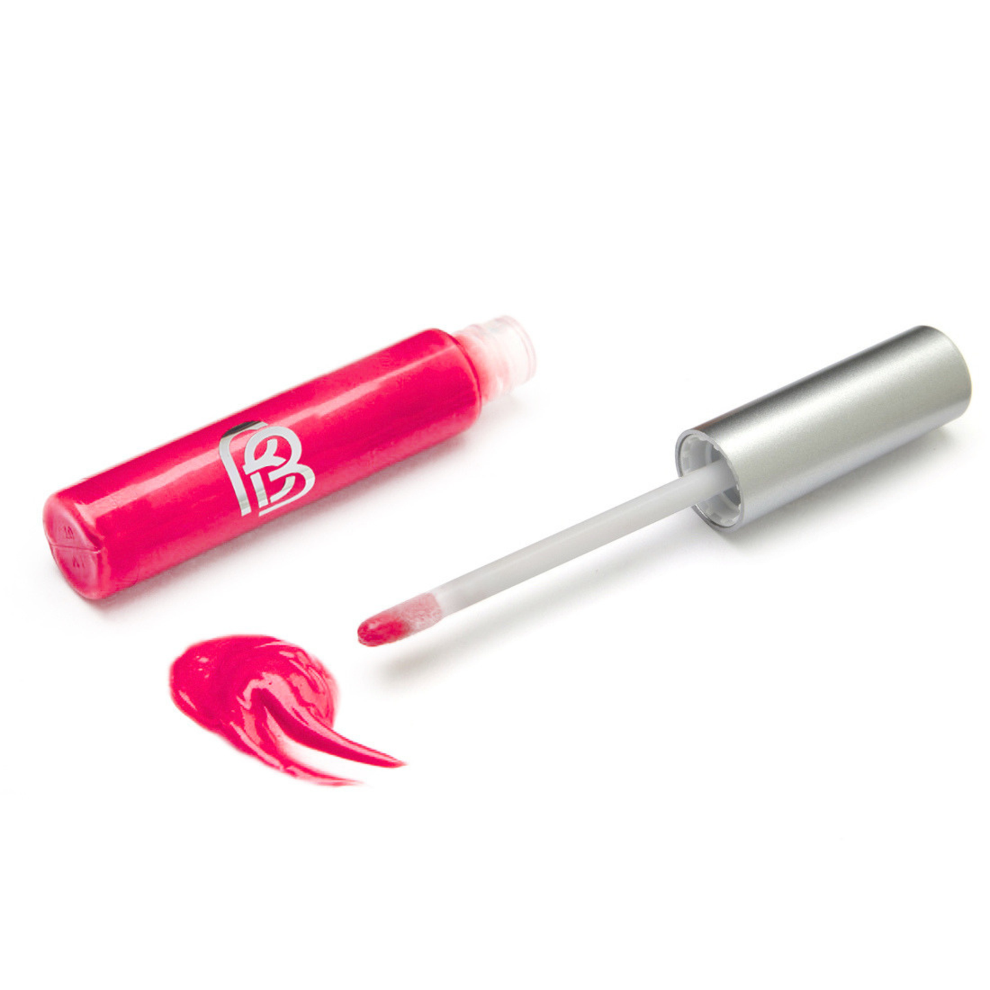 Bright Pink lip gloss with applicator on a white background