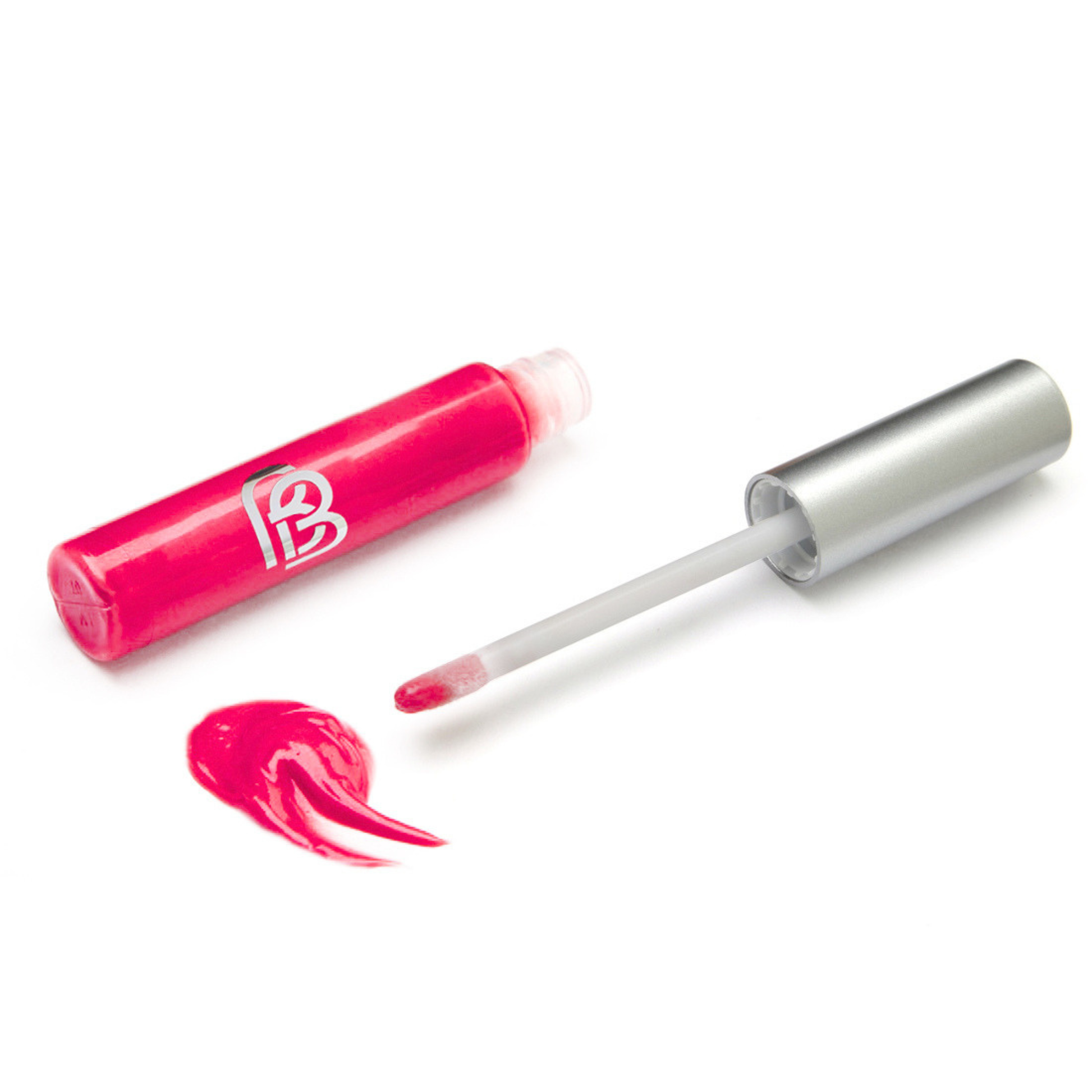 Bright Pink lip gloss with applicator on a white background