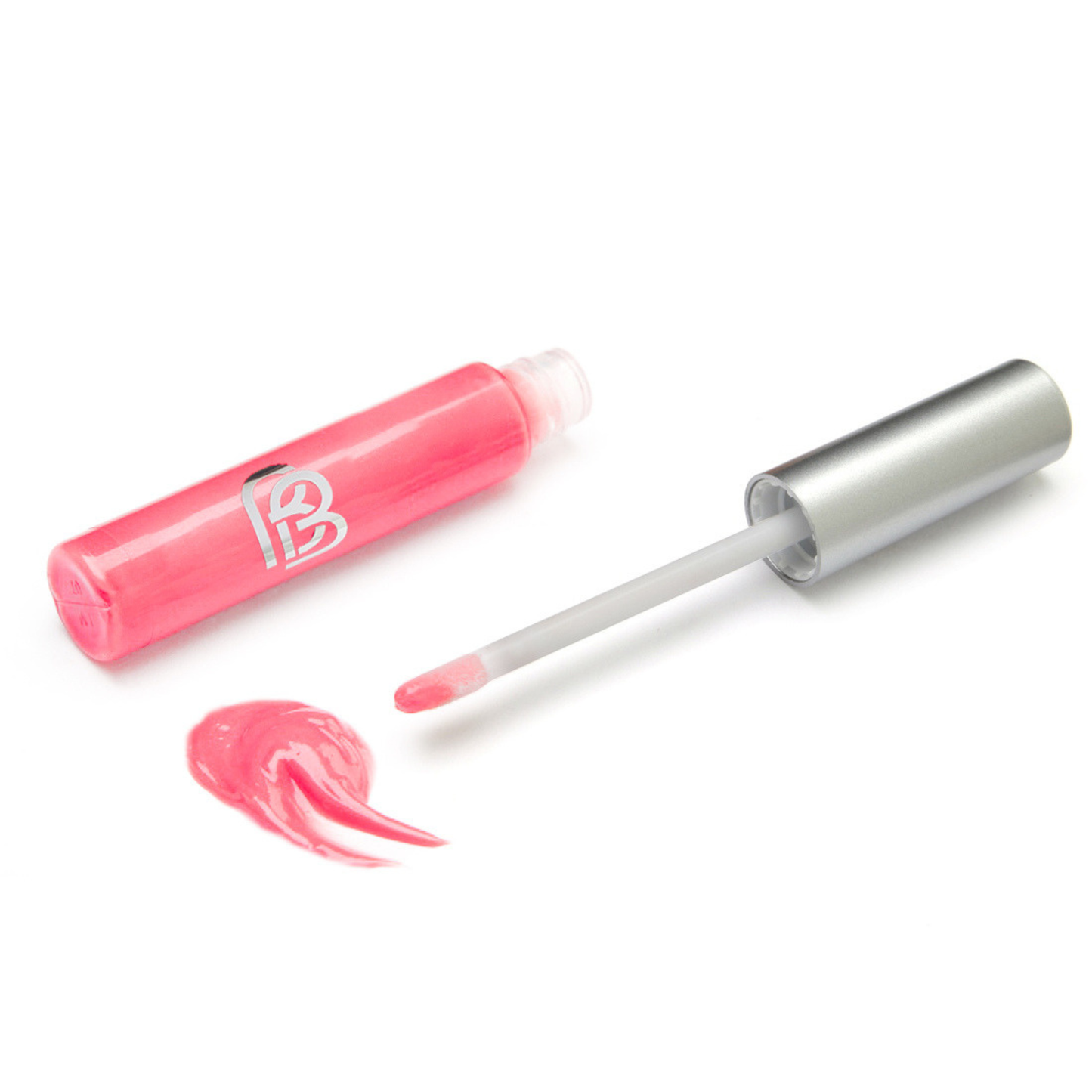 Pink lip gloss with applicator on a white background