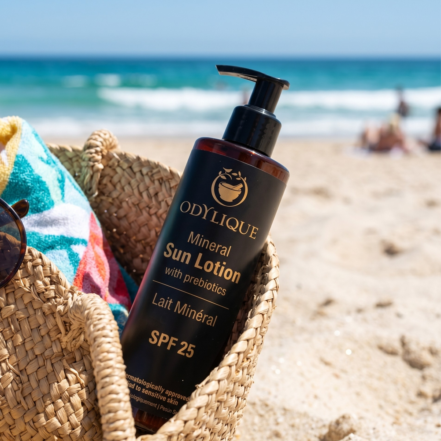 A bottle of Odylique Mineral Sun Lotion SPF 25 sits in a woven straw basket on a sandy beach with the ocean and sky blurred in the background.