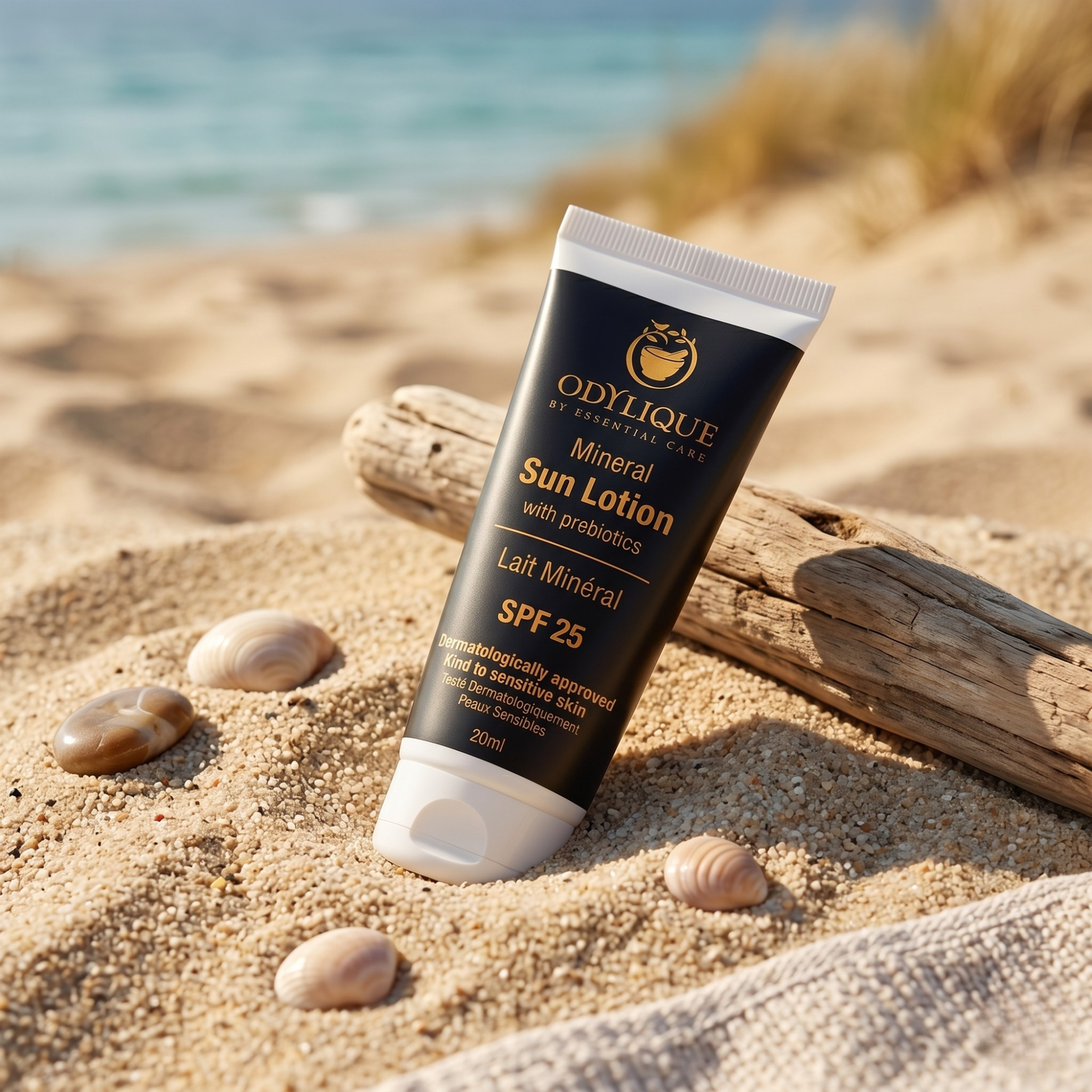 A tube of Odylique Mineral Sun Lotion SPF 25 standing upright on a sandy beach with shells and driftwood nearby, with the ocean in the background.