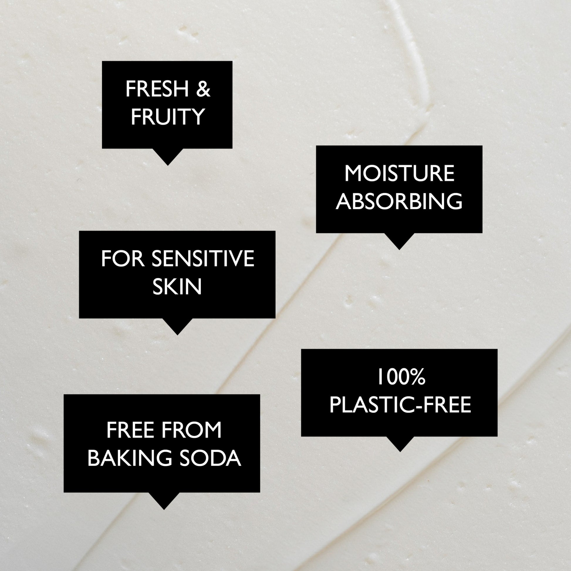 infographic of the benefits of the upcircle refillable deodorant: fresh and fruity, moisture absorbing, for sensitive skin, 100% plastic free, free from baking soda