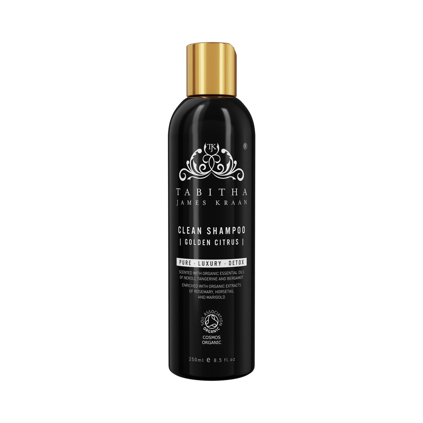 golden citrus organic shampoo in a black bottle with gold lid