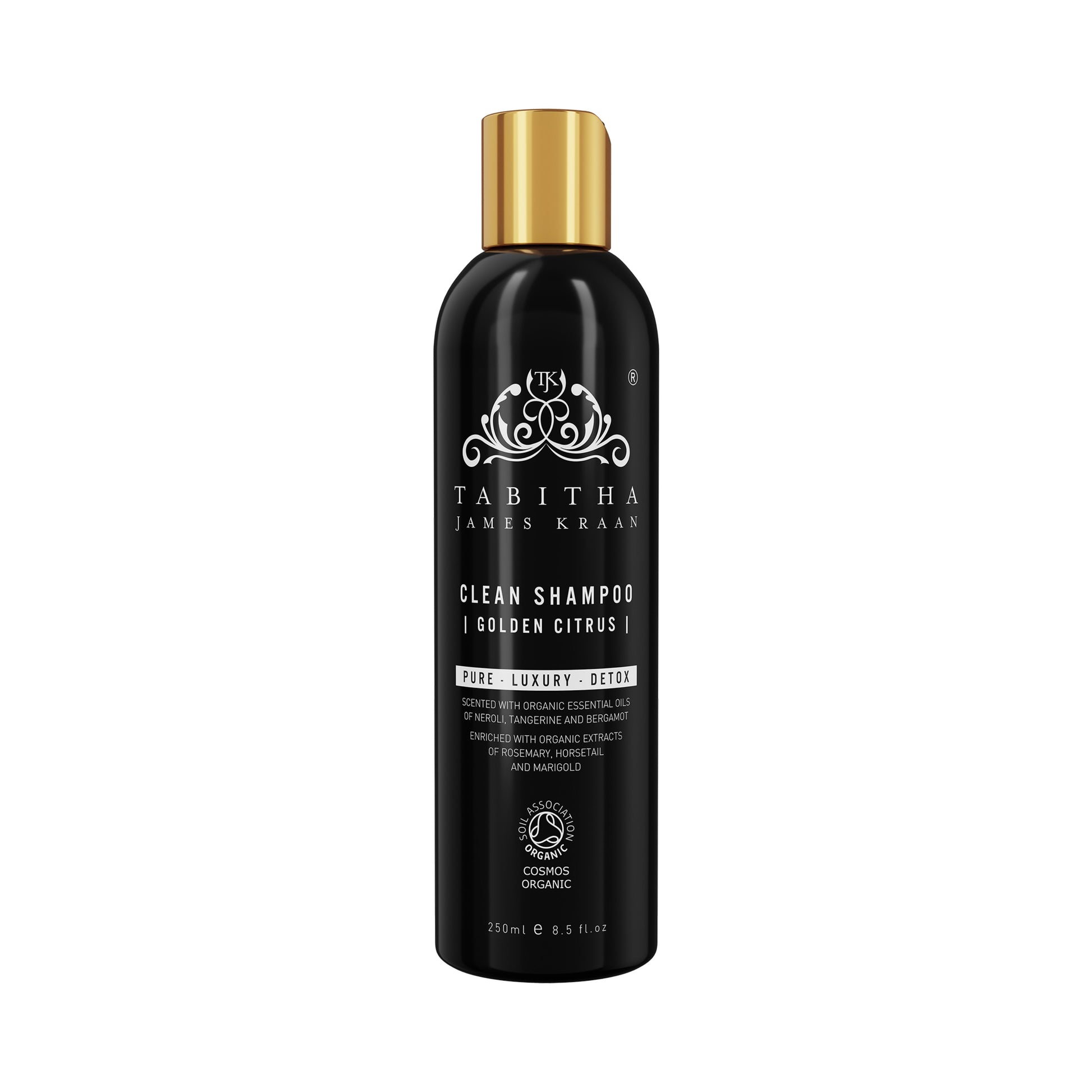 golden citrus organic shampoo in a black bottle with gold lid