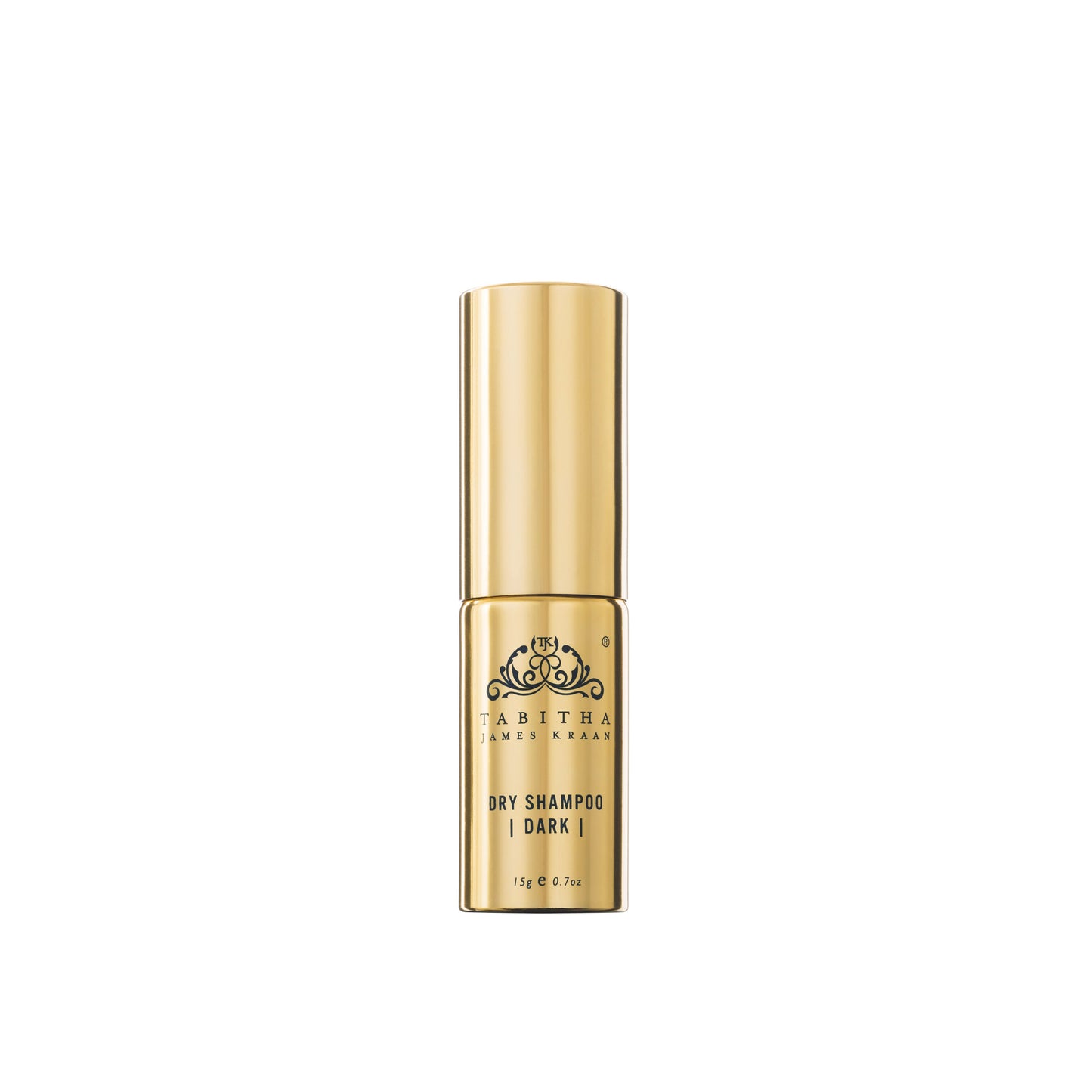 organic dry shampoo powder in a gold metal bottle with spray pump for dark hair