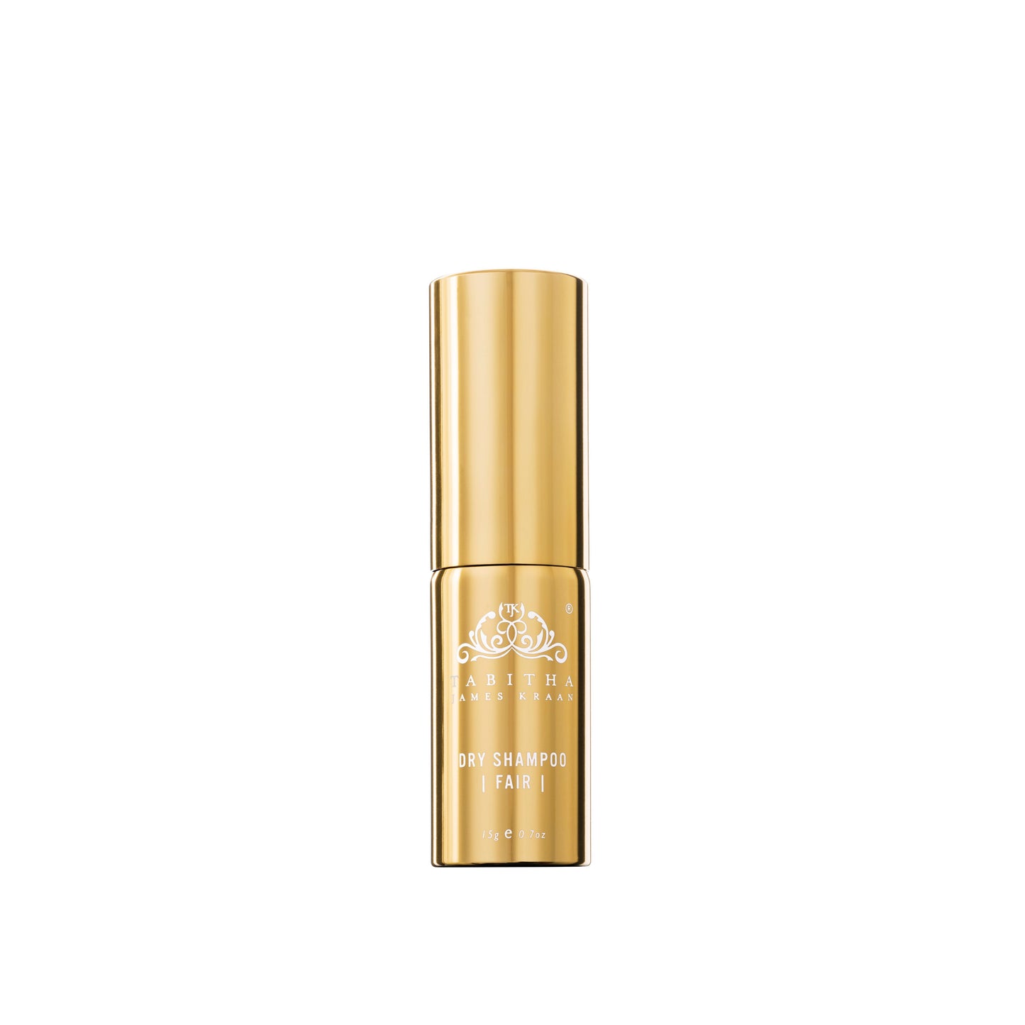 organic dry shampoo powder in a gold metal bottle with spray pump for fair hair