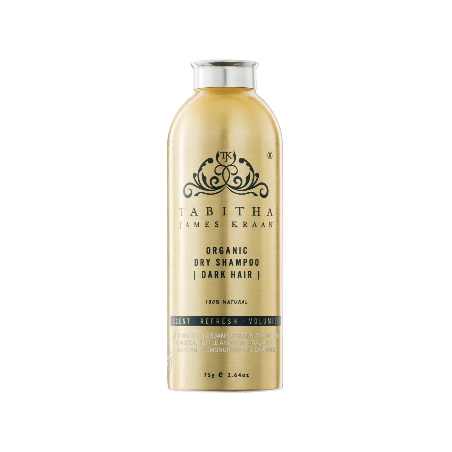 organic dry shampoo powder in a gold metal bottle with shaker for dark hair