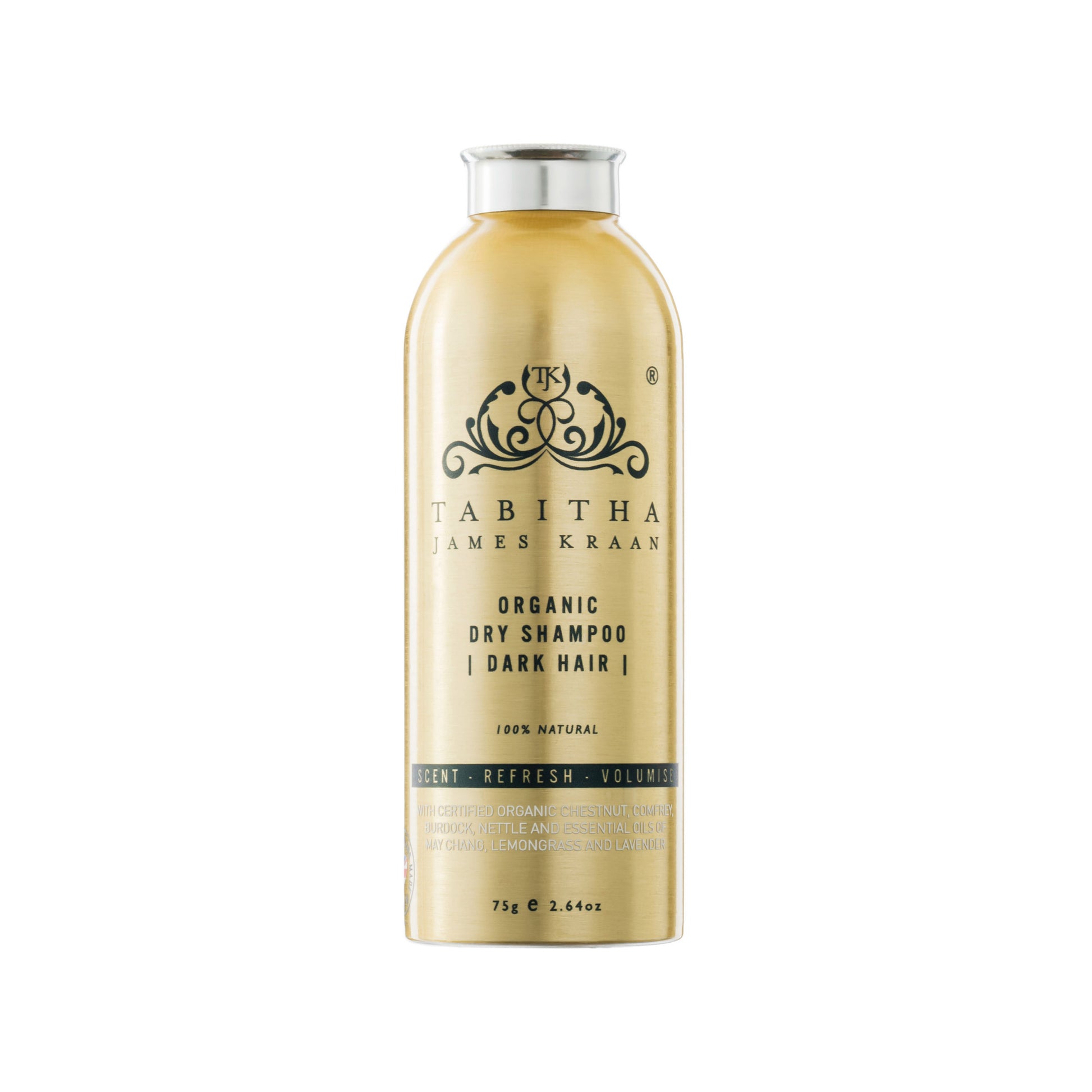 organic dry shampoo powder in a gold metal bottle with shaker for dark hair