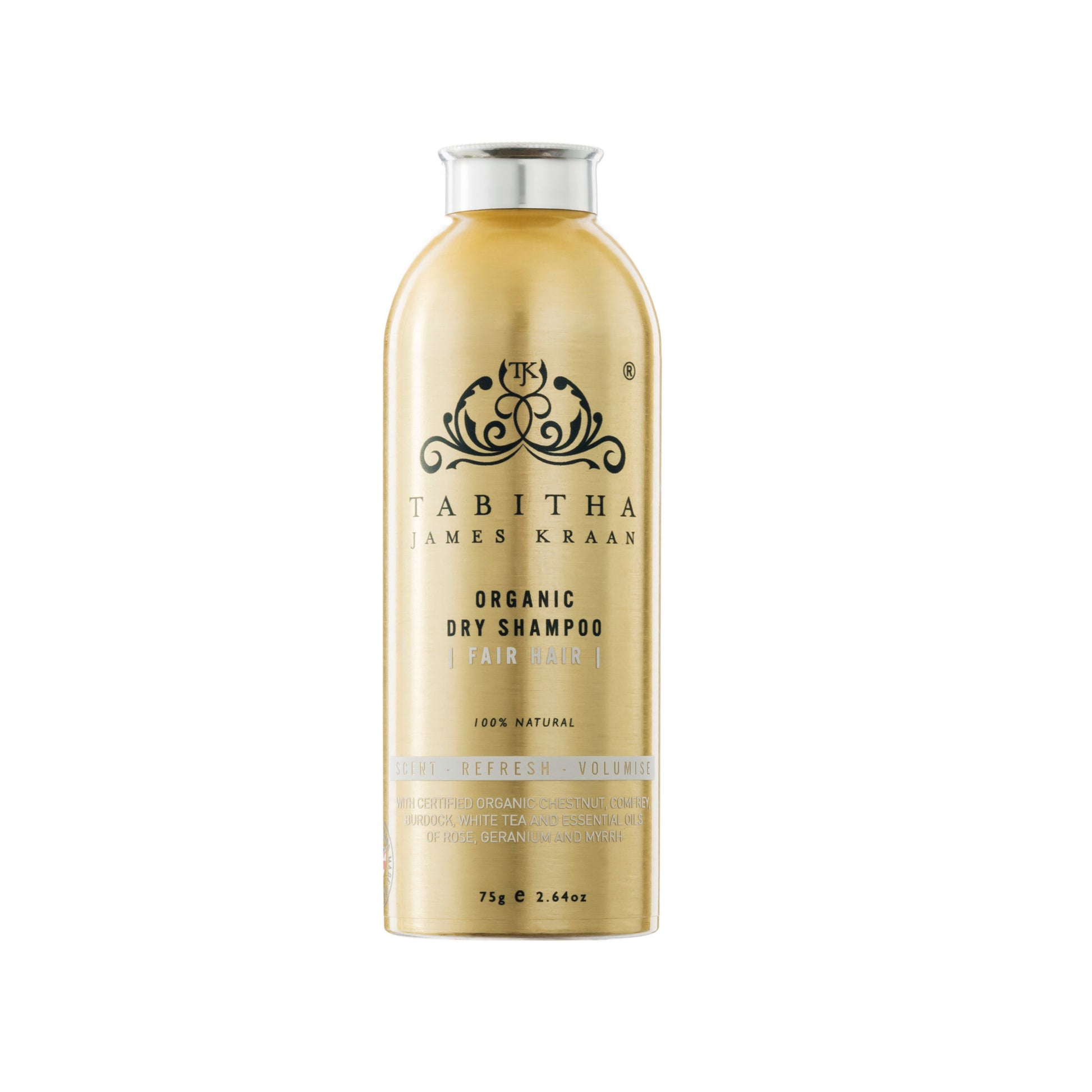 organic dry shampoo powder in a gold metal bottle with shaker for fair hair