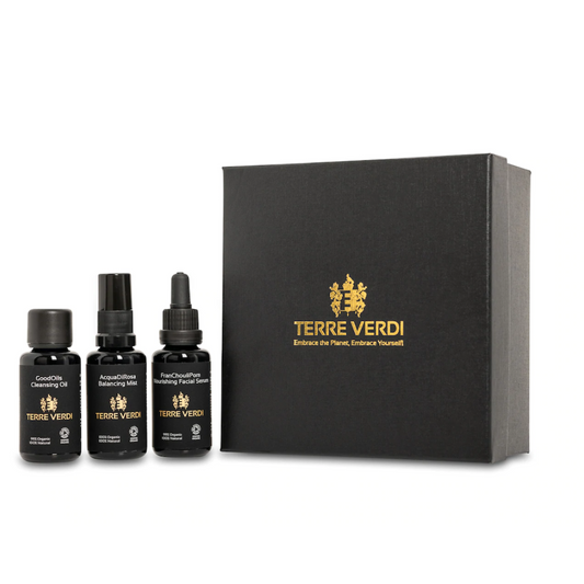 Terre Verdi Organic Gift Set for Body. Natural bodycare gift set. All three products are in black bottles and stand next to a luxury black box embossed in gold with the Terre Verdi logo.