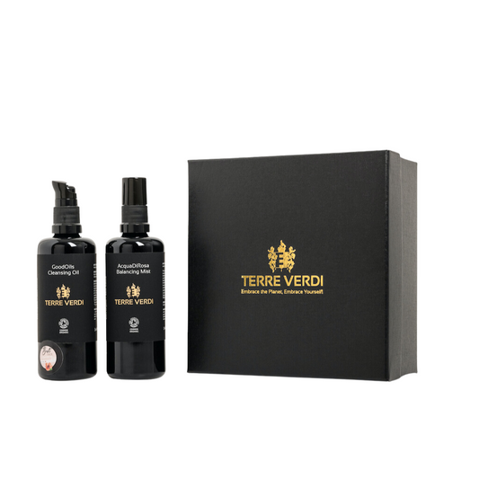 Terre Verdi Organic Cleanser Gift Set. Natural skincare gift set. Both products are in black bottles and stand next to a luxury black box embossed in gold with the Terre Verdi logo.