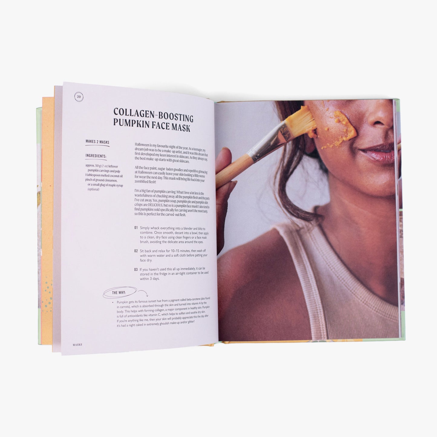 open page of the upcircle recipe book showing the collagen boosting plumping face mask recipe on one page and a brown skinned person applying the orange coloured face mask to her skin with a face mask brush