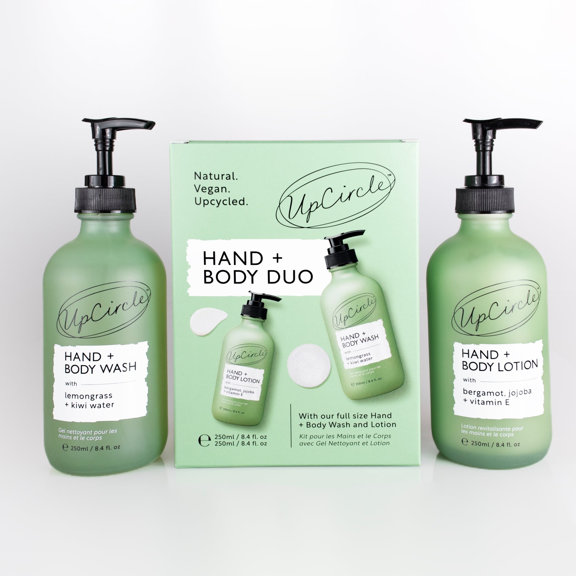 unboxed upcircle hand and body lotion and wash sitting next to the gift box