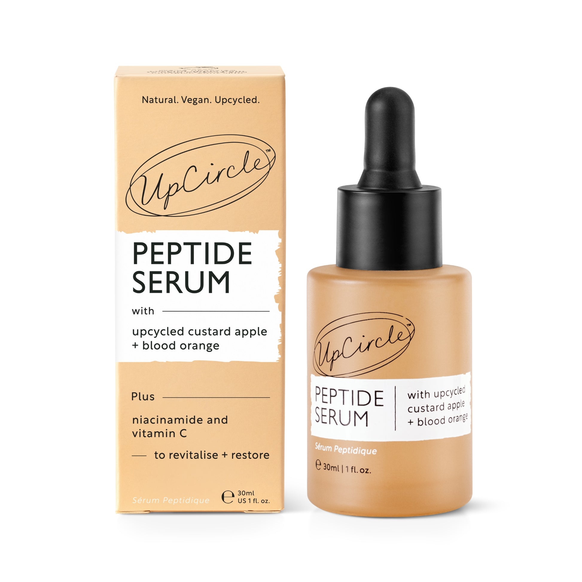 upcircle peptide serum orange bottle and outer box on a white background